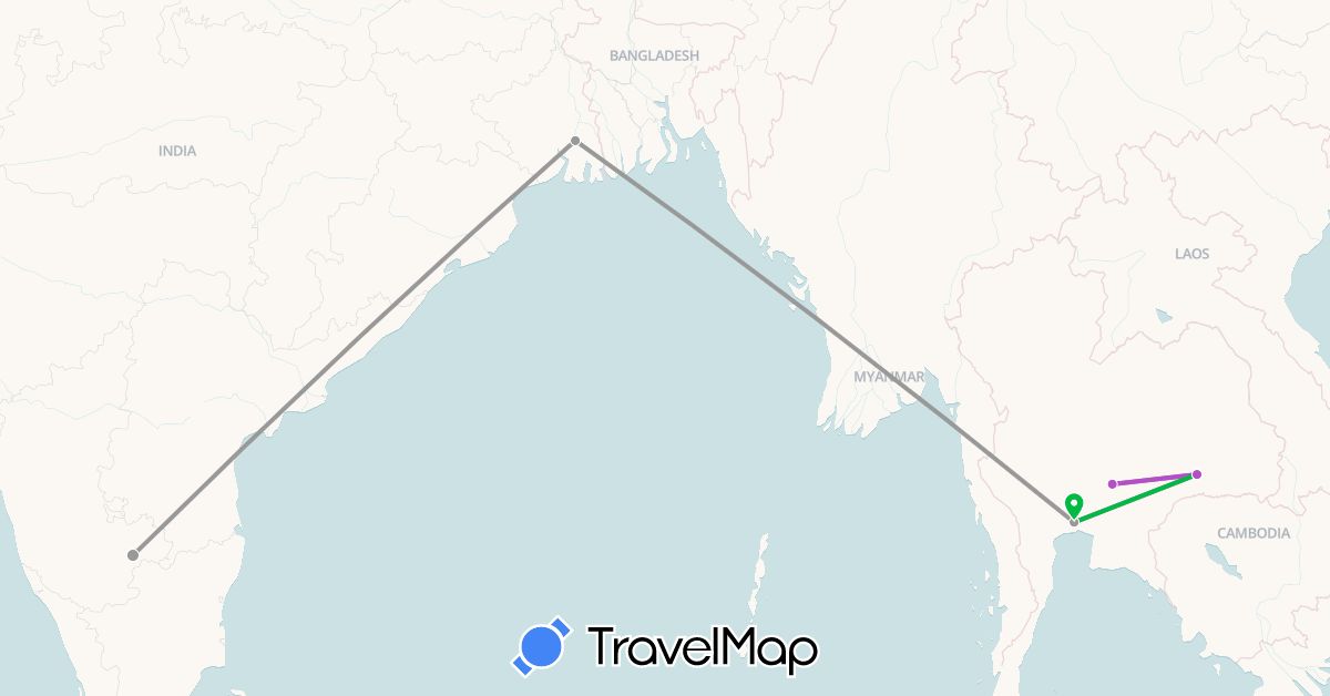 TravelMap itinerary: driving, bus, plane, train in India, Thailand (Asia)